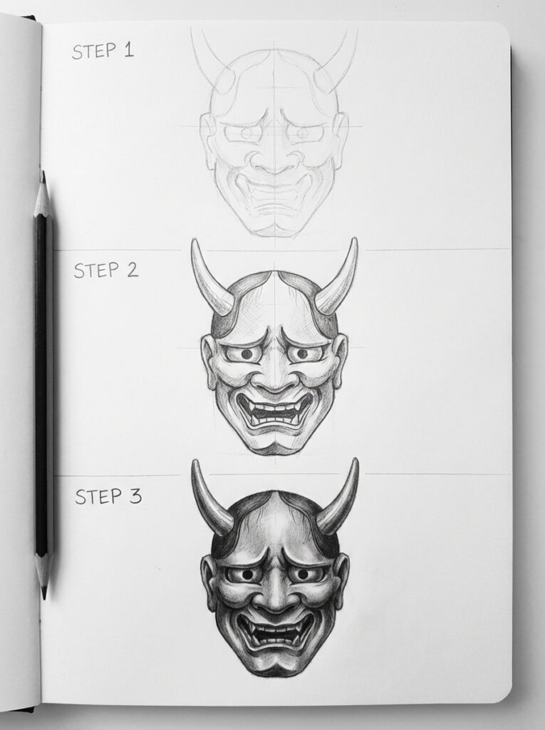 download Step-by-step drawing of a Japanese Hannya mask on sketchbook with pencil, showcasing artistic progression from outline to detail. | Sky Rye Design Step-by-step drawing of a Japanese Hannya mask on sketchbook with pencil, showcasing artistic progression from outline to detail.