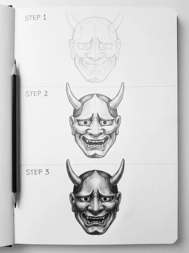 download Step-by-step drawing of a Japanese Hannya mask on sketchbook with pencil, showcasing artistic progression from outline to detail. | Sky Rye Design Step-by-step drawing of a Japanese Hannya mask on sketchbook with pencil, showcasing artistic progression from outline to detail.