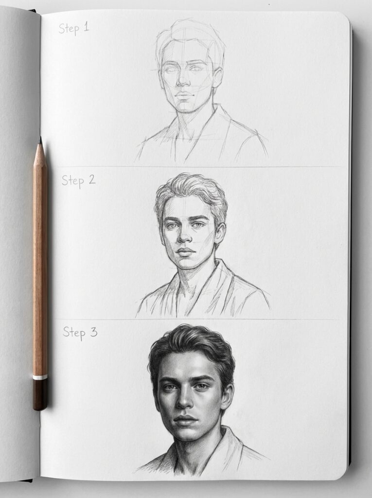 download Step-by-step pencil drawing guide showing a male portrait's progression from sketch to realistic detail on sketchbook, with pencil. | Sky Rye Design Step-by-step pencil drawing guide showing a male portrait's progression from sketch to realistic detail on sketchbook, with pencil. drawing people for beginners