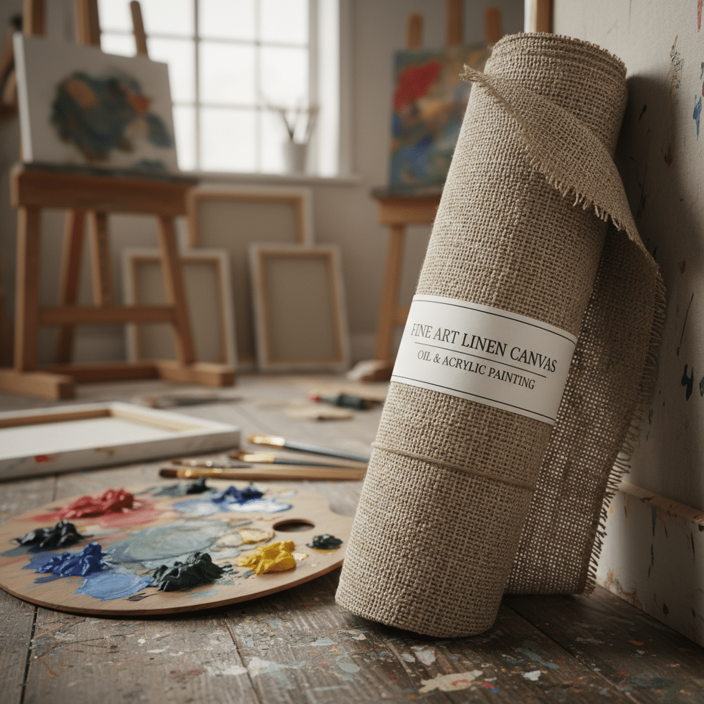 Rolled linen canvas for oil and acrylic painting in an art studio with easels, wooden palette, and colorful paint blobs on the floor.