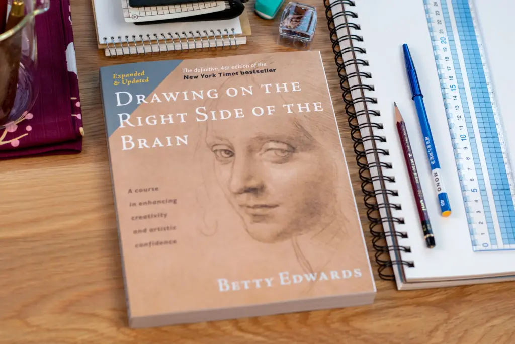 drawingontherightsideofthebrainbeauty Drawing book 'Drawing on the Right Side of the Brain' by Betty Edwards on desk with notebook, pens, pencil, and ruler. | Sky Rye Design Drawing book 'Drawing on the Right Side of the Brain' by Betty Edwards on desk with notebook, pens, pencil, and ruler.