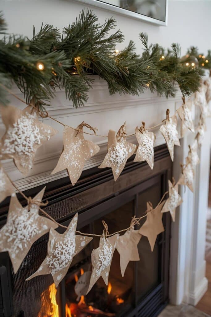 e07371da1ad7f6a8c9ce8ad2a30b757a Festive fireplace garland with paper stars and greenery, lit by cozy fireplace glow. Perfect holiday decor for a warm and inviting home. | Sky Rye Design Festive fireplace garland with paper stars and greenery, lit by cozy fireplace glow. Perfect holiday decor for a warm and inviting home.