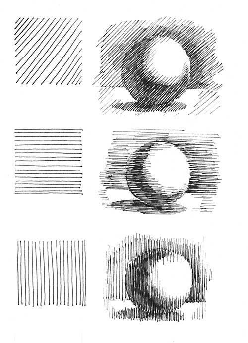 Shading techniques comparison: parallel, cross-hatching, and contour lines on spheres. Basic to advanced drawing tutorial illustration.