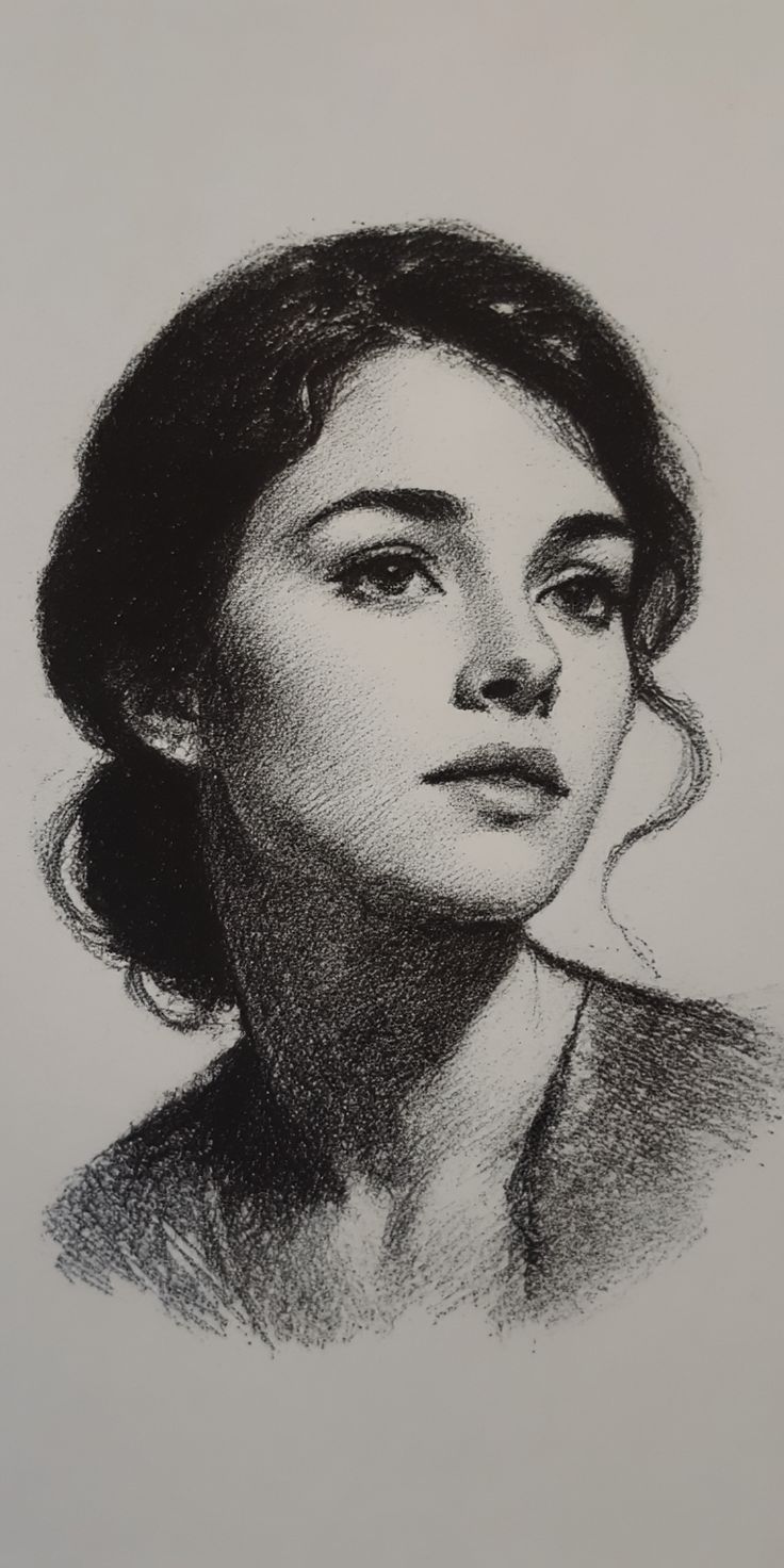 e1787714-0d2d-48ef-b92f-70b6a1ebdd31 Charcoal portrait sketch of a young woman with wavy hair, gazing thoughtfully upward, on a plain background. | Sky Rye Design Charcoal portrait sketch of a young woman with wavy hair, gazing thoughtfully upward, on a plain background.