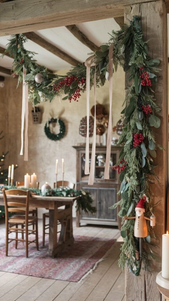e5941853c40b599448d193c79e73623e 1 Cozy rustic dining room with festive Christmas garland, candles, and wooden table, creating a warm holiday atmosphere. | Sky Rye Design Cozy rustic dining room with festive Christmas garland, candles, and wooden table, creating a warm holiday atmosphere.