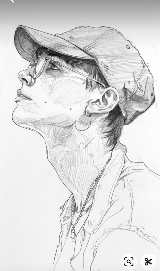e81eb4f7-c147-421d-b6e9-4f04a3818cbd Sketched portrait of a person in a cap and glasses, gazing upwards. Pencil artistry highlights intricate details of the subject. | Sky Rye Design Sketched portrait of a person in a cap and glasses, gazing upwards. Pencil artistry highlights intricate details of the subject.