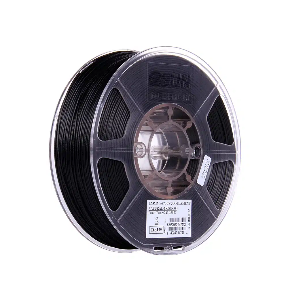 Black 1.75mm 3D printer filament spool for precise and high-quality printing projects. Ideal for professional 3D printing uses.