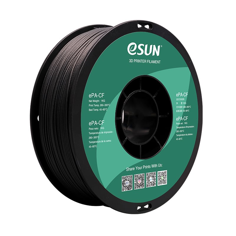 eSUN ePA-CF 3D printer filament spool, 1kg, black, ideal for high-temp printing at 260-300°C. Durable material for strong prints.