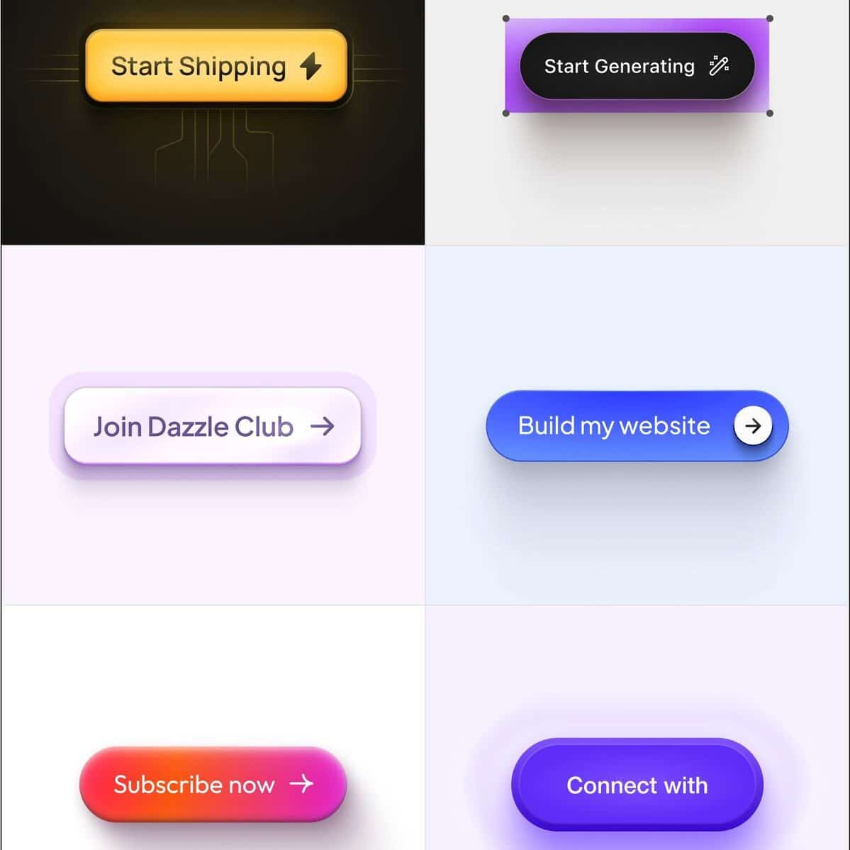 Various colorful buttons with calls to action like Start Shipping, Join Dazzle Club, and Subscribe now on a gradient background.