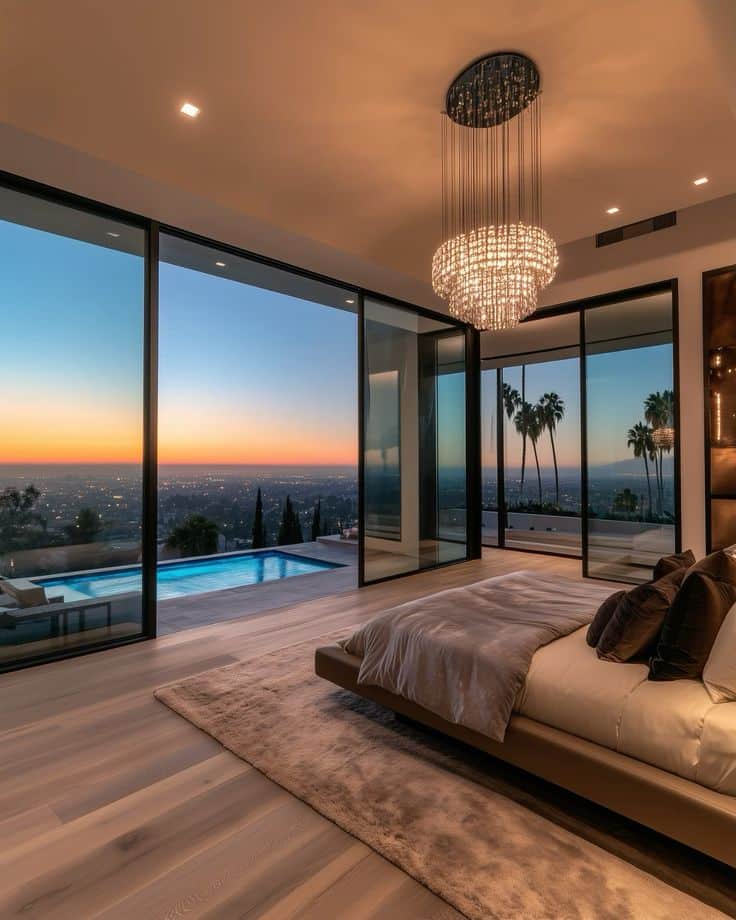 ea62892e-d47e-4d15-94fe-e1458d7088a5 Luxurious bedroom with floor-to-ceiling windows, city skyline view, plush rug, and a chandelier, overlooking a pool at sunset. | Sky Rye Design Luxurious bedroom with floor-to-ceiling windows, city skyline view, plush rug, and a chandelier, overlooking a pool at sunset.