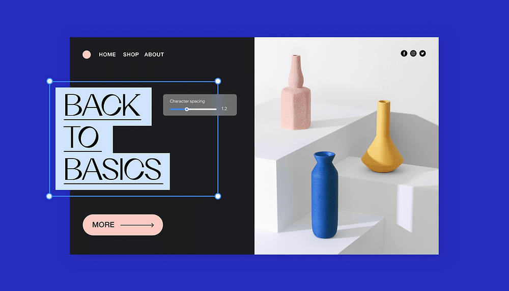 Modern website design featuring 'Back to Basics' text and stylish vases in blue, pink, and yellow on a minimalist backdrop.