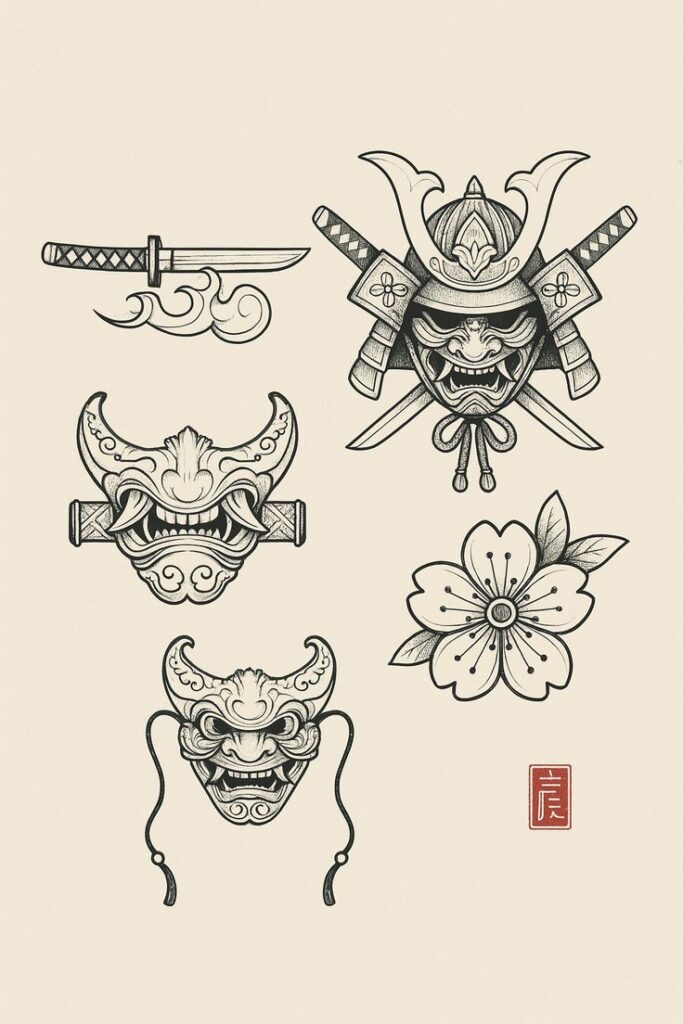 eb125592-e119-490b-8058-b8111895b73f Samurai and oni mask tattoo designs with katana and cherry blossom for traditional Japanese art inspiration. | Sky Rye Design Samurai and oni mask tattoo designs with katana and cherry blossom for traditional Japanese art inspiration.
