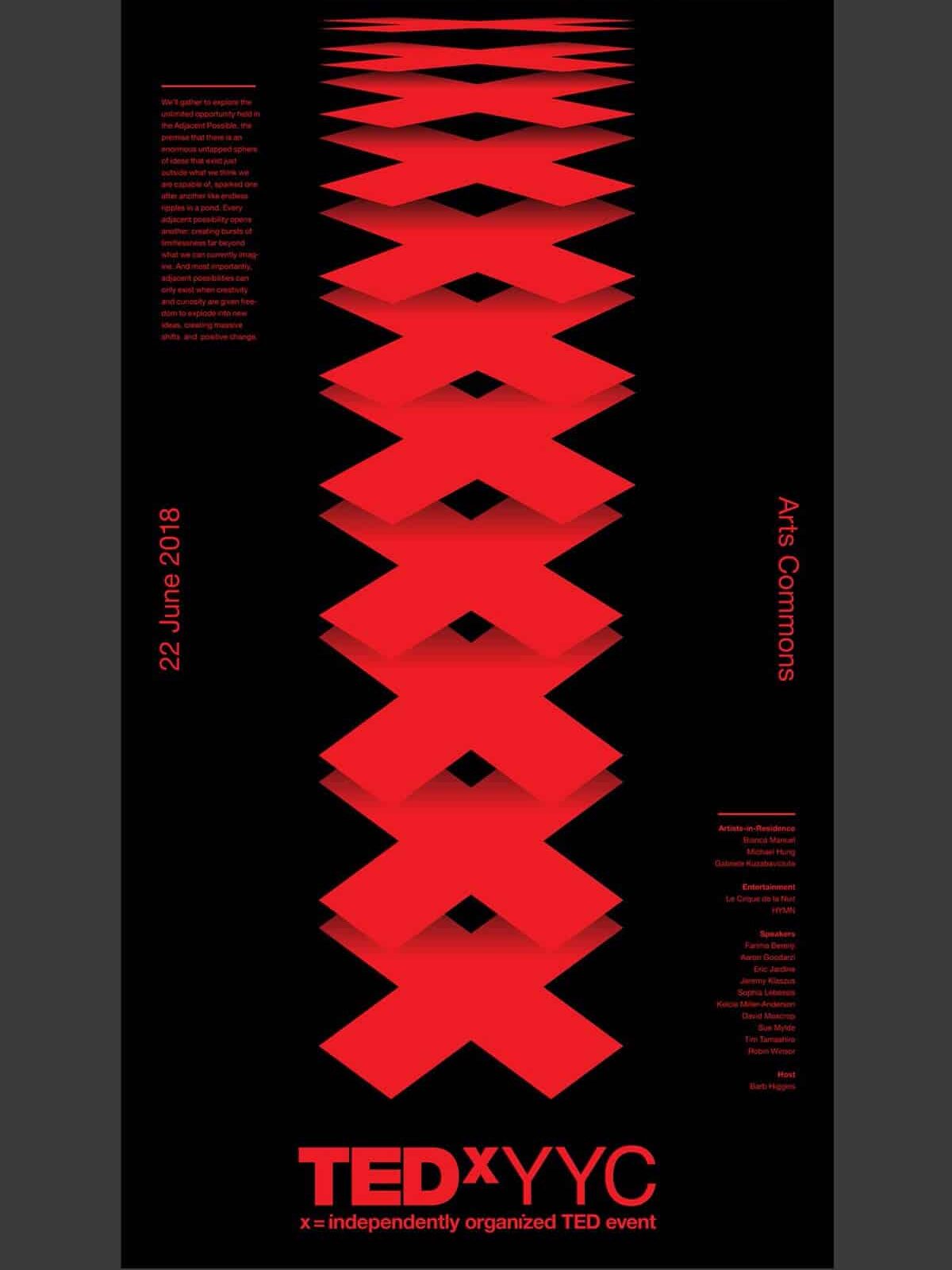 TEDxYYC 2018 poster featuring red geometric design on black, highlighting event details including location, date, and theme: Adjacent Possible.