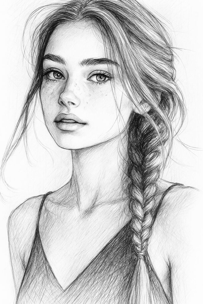 eb959100-fb8c-4faa-9d63-b22ae2da7e03 Detailed pencil sketch of a woman with a braided hairstyle, wearing a sleeveless top, gazing thoughtfully. | Sky Rye Design Detailed pencil sketch of a woman with a braided hairstyle, wearing a sleeveless top, gazing thoughtfully.