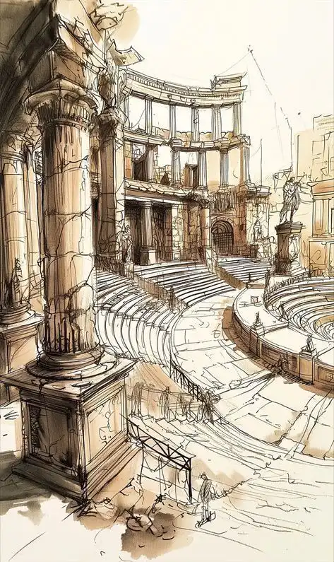 Illustrated ancient Roman amphitheater with detailed columns, arches, and statues, showcasing architectural grandeur and intricate design.