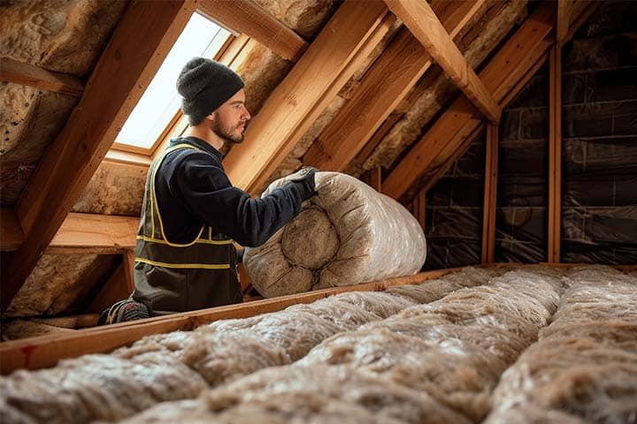 ecoenergyservices5 Person installing insulation in an attic, improving energy efficiency and home comfort, wearing a beanie and protective gear in natural light. | Sky Rye Design Person installing insulation in an attic, improving energy efficiency and home comfort, wearing a beanie and protective gear in natural light.