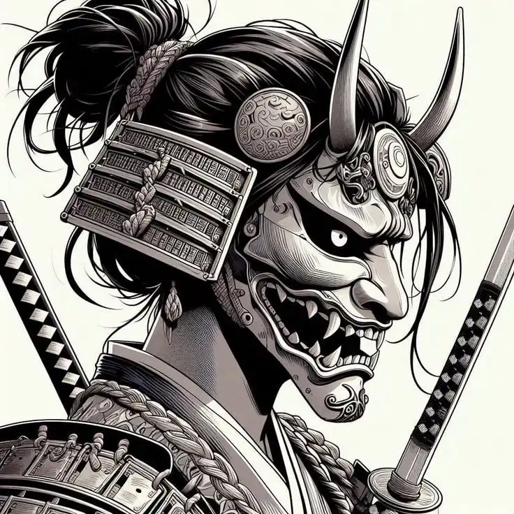 ed329892-aef1-4805-b3ad-e99aabb7f908 Samurai warrior with oni mask, katana, and detailed armor, showcasing a blend of traditional and fantasy elements. | Sky Rye Design Samurai warrior with oni mask, katana, and detailed armor, showcasing a blend of traditional and fantasy elements.