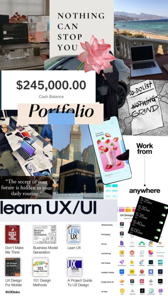 Collage showcasing success, motivation, remote work, financial goals, learning UX/UI design, and productivity tools.