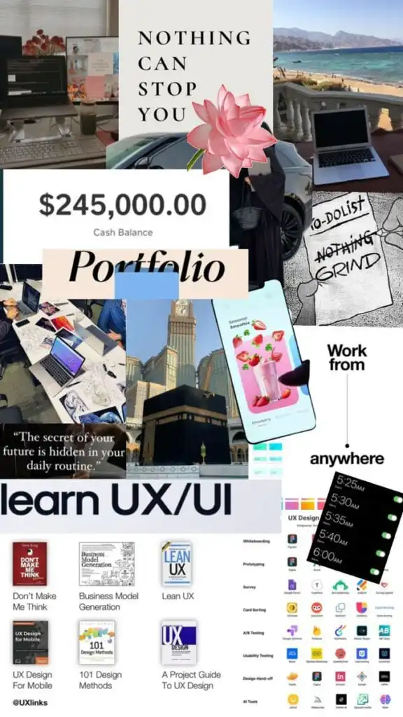 Collage showcasing success, motivation, remote work, financial goals, learning UX/UI design, and productivity tools.