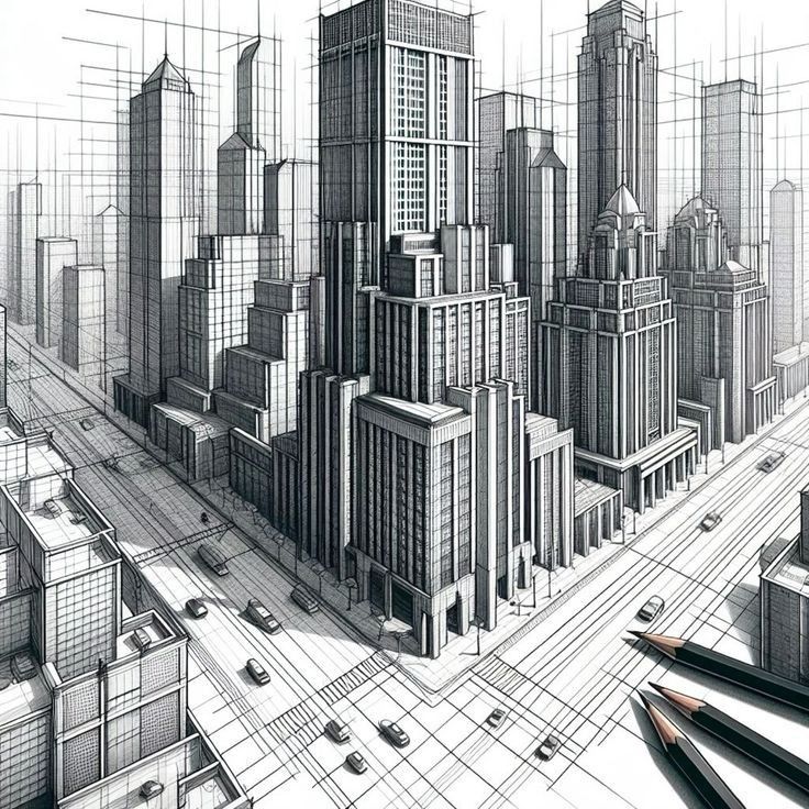 ee33cab0-aaf7-4699-a98b-378c5a17eb47 Intricate cityscape sketch showing high-rise buildings and busy streets with precise architectural details. Pencils visible in the foreground. | Sky Rye Design Intricate cityscape sketch showing high-rise buildings and busy streets with precise architectural details. Pencils visible in the foreground.
