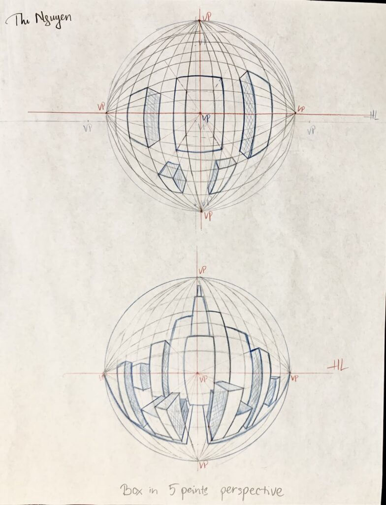 efed57670247a80f3c91b3e2f65b5508 Spherical five-point perspective drawing showcasing geometric shapes with vanishing points and grid lines on paper. | Sky Rye Design Spherical five-point perspective drawing showcasing geometric shapes with vanishing points and grid lines on paper.