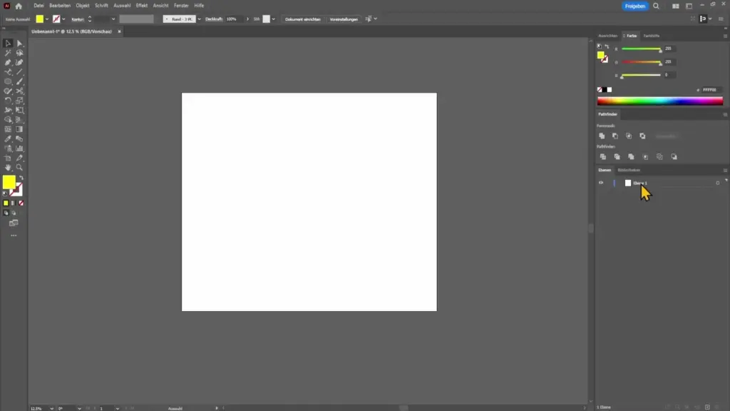 effiziente-arbeit-mit-ebenen-in-adobe-illustrator-14 Adobe Illustrator interface with a blank canvas ready for design, showing tools and color palette. German menu labels visible. | Sky Rye Design Adobe Illustrator interface with a blank canvas ready for design, showing tools and color palette. German menu labels visible.