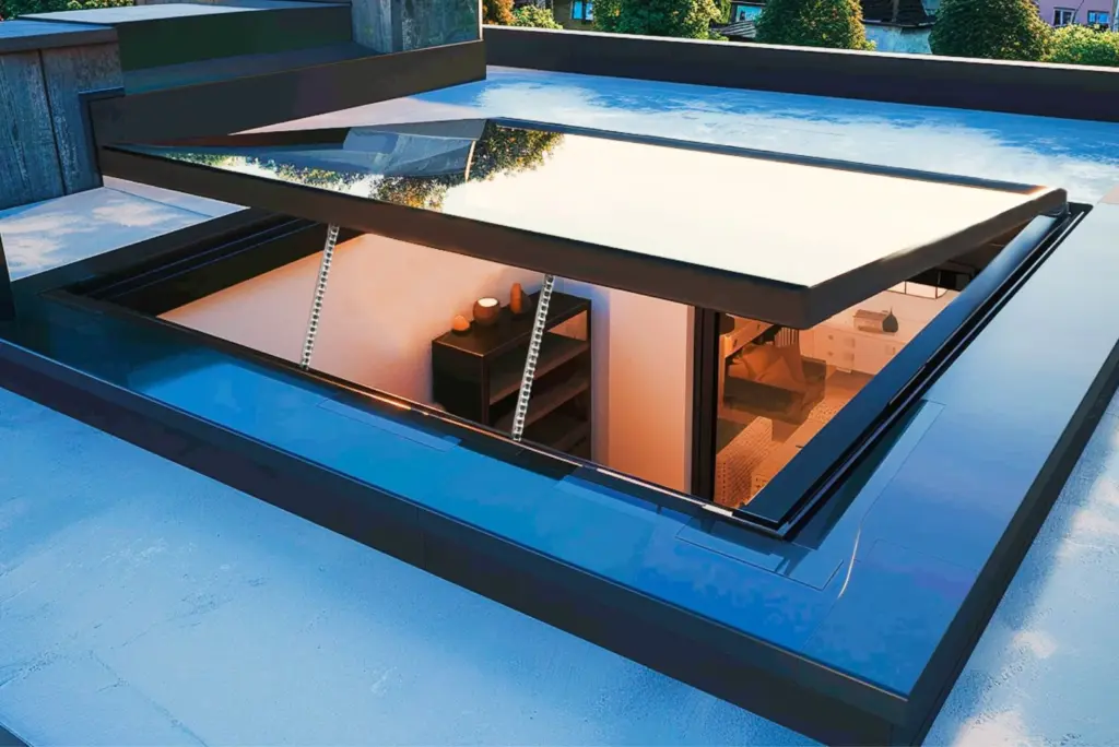 electric-opening-skylight-product-image-new-ads Modern rooftop access with sleek glass sliding hatch, opening to reveal a stylish, illuminated interior with contemporary furnishings. | Sky Rye Design Modern rooftop access with sleek glass sliding hatch, opening to reveal a stylish, illuminated interior with contemporary furnishings.