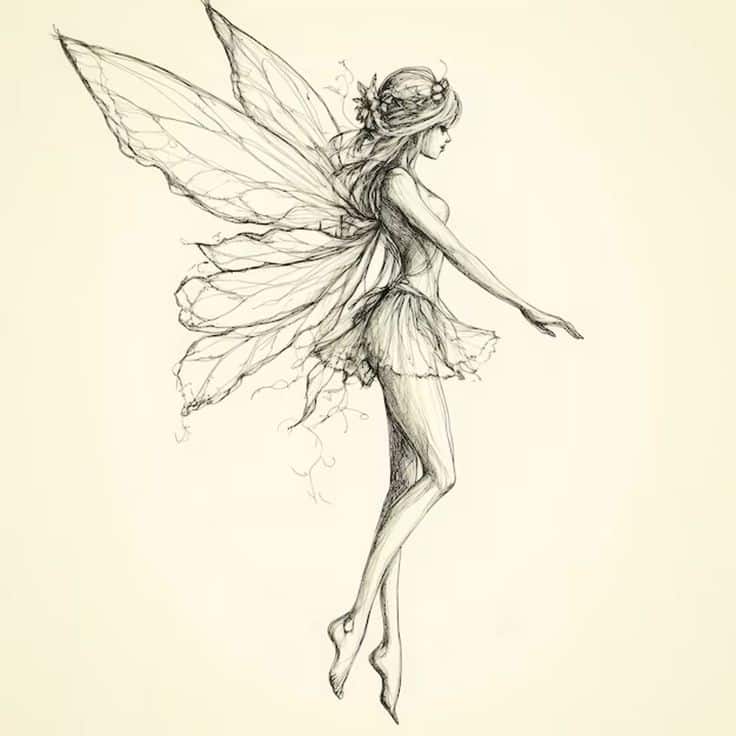 elf tekenen Pencil sketch of a delicate fairy with wings, wearing a flower crown and a flowing dress, gracefully poised in mid-air. | Sky Rye Design Pencil sketch of a delicate fairy with wings, wearing a flower crown and a flowing dress, gracefully poised in mid-air.