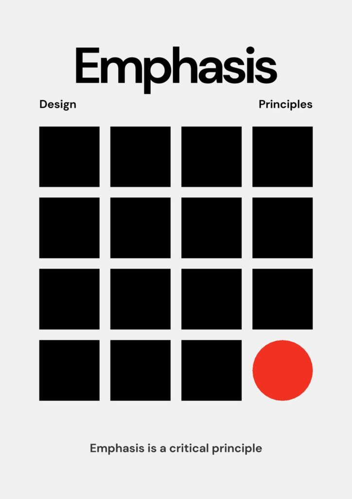 emphasic Design principles illustration highlighting emphasis using a grid of black squares with a standout red circle for visual contrast. | Sky Rye Design Design principles illustration highlighting emphasis using a grid of black squares with a standout red circle for visual contrast.