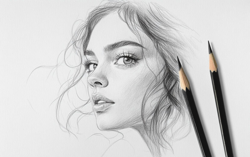 emthehuman1_a_pencil_that_is_next_to_an_amateur_pencil_sketch_d_878ae1ff-5d40-4082-ba02-27e7922b2099-830x521 Pencil sketch of a woman's face with flowing hair beside two sharpened pencils, showcasing detailed artistry and realism. | Sky Rye Design Pencil sketch of a woman's face with flowing hair beside two sharpened pencils, showcasing detailed artistry and realism.