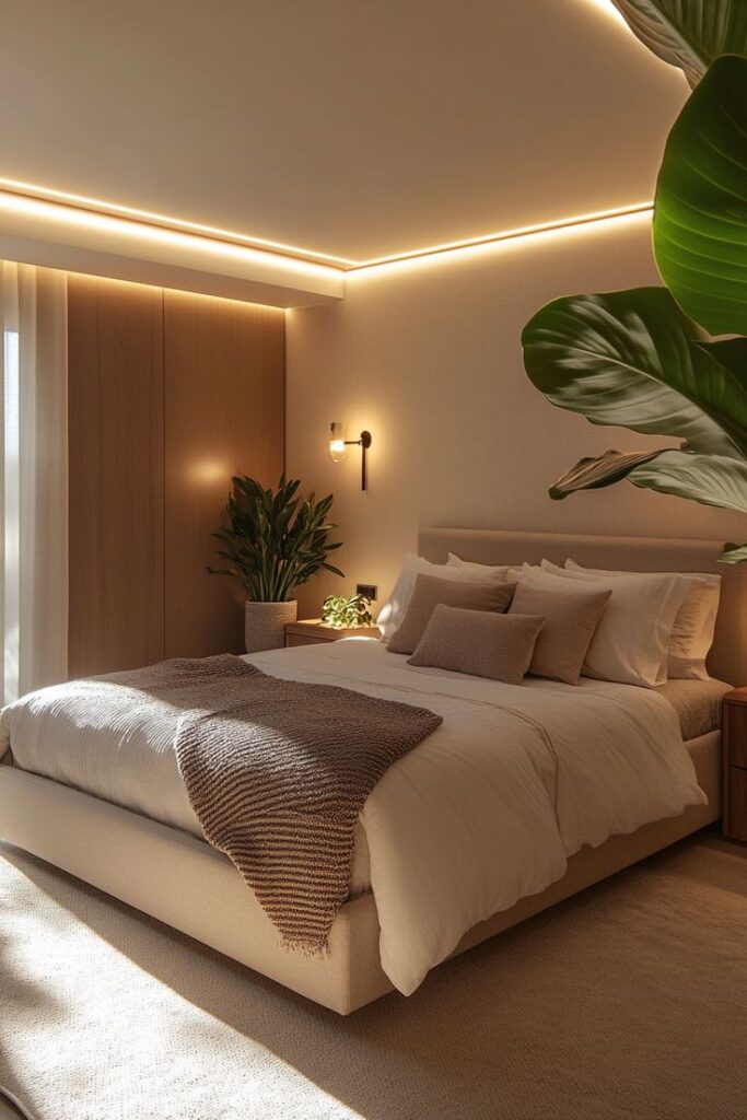 energy-efficient and modern smart bedroom lighting solutions Modern bedroom with cozy lighting, plush bedding, wooden accents, and indoor plants, creating a warm and inviting atmosphere. | Sky Rye Design Modern bedroom with cozy lighting, plush bedding, wooden accents, and indoor plants, creating a warm and inviting atmosphere.