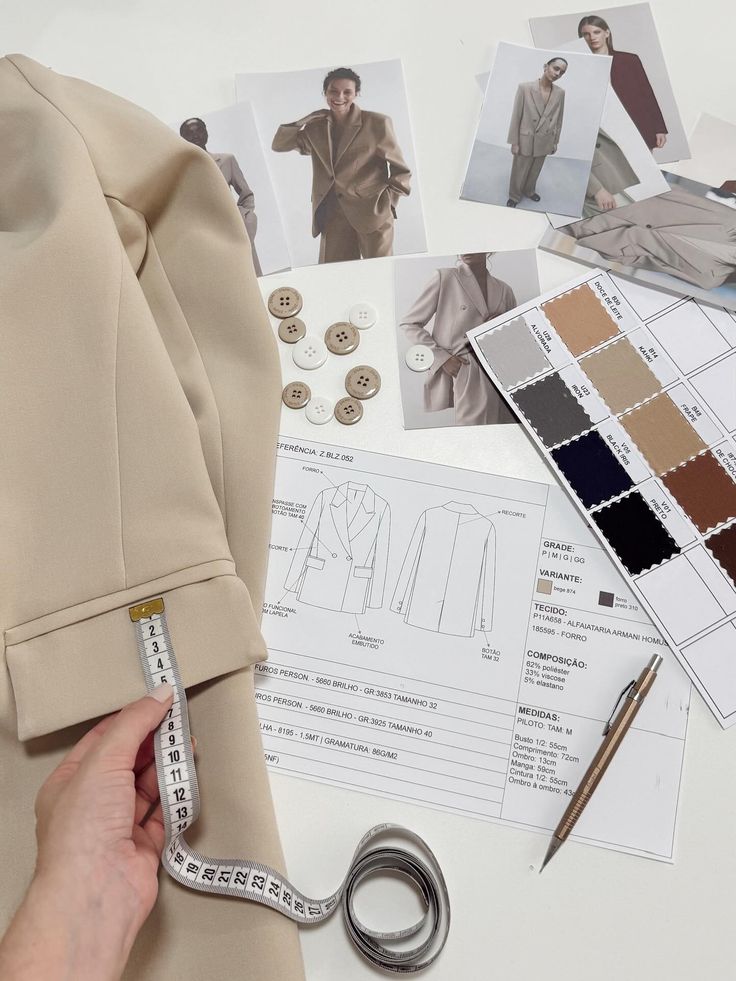 esse feed estava com saudade de um pouquinho de bastidores 🤍__quem ama acompanhar o que rola por trás de um e-commerce de moda com produção independente_ Beige fabric and blazer sketches on a designer's table with buttons, color swatches, and measuring tape for fashion design planning. | Sky Rye Design Beige fabric and blazer sketches on a designer's table with buttons, color swatches, and measuring tape for fashion design planning.