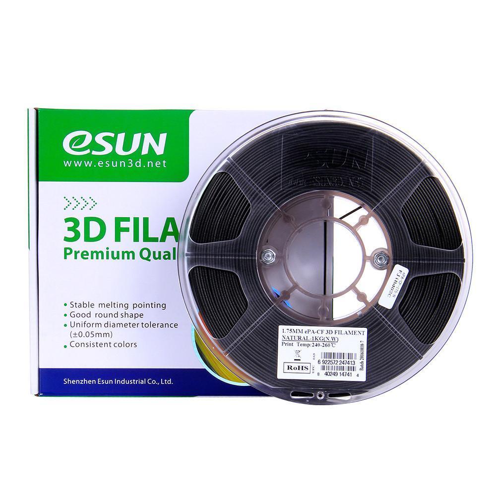 eSUN 3D filament, premium quality, black spool, features stable melting, good round shape, and uniform diameter tolerance.