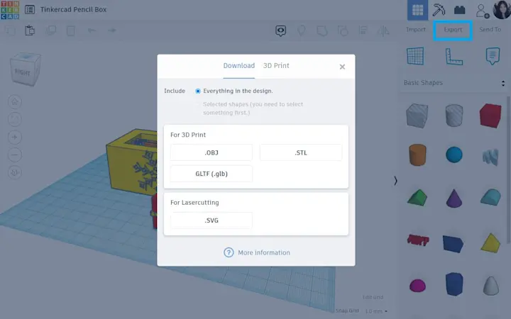 Tinkercad interface displaying a 3D pencil box design ready for download in OBJ, STL, GLTF formats; options for 3D printing or laser cutting.