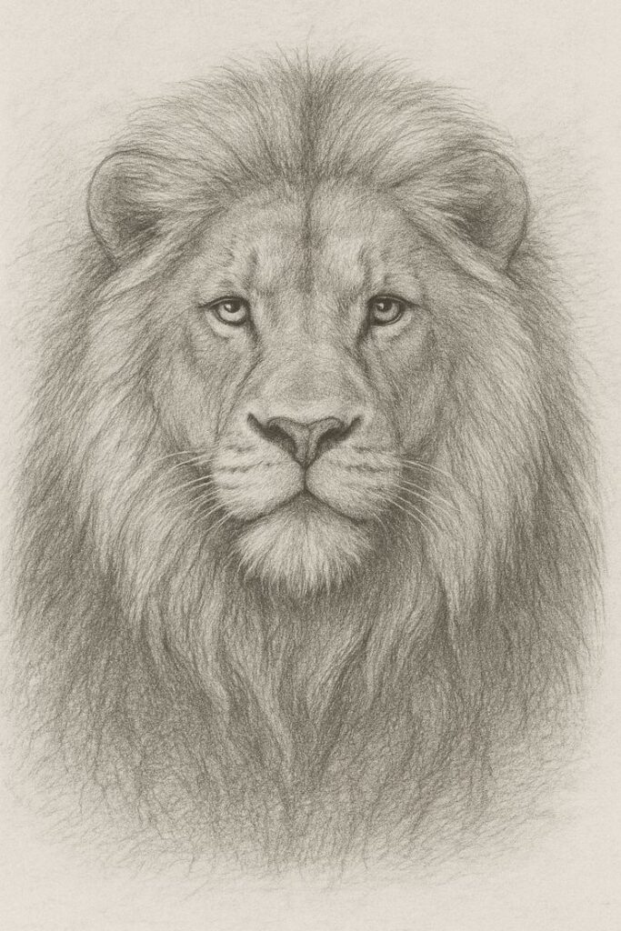 f00615613166abc65ae29e73fe307617 Detailed pencil drawing of a majestic lion's face, showcasing its expressive eyes and flowing mane against a plain background. | Sky Rye Design Detailed pencil drawing of a majestic lion's face, showcasing its expressive eyes and flowing mane against a plain background.