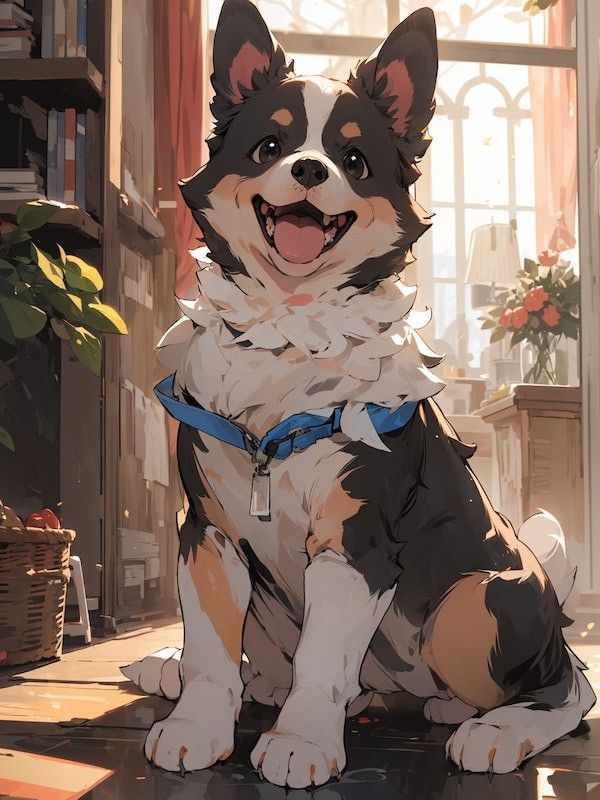 Adorable cartoon corgi with a blue harness sitting happily in sunlit room, surrounded by plants and books.