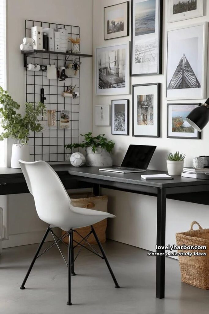 f3609c79-dc6a-4972-a2d7-1f02399ddc43 Modern home office corner with black desk, white chair, wall art, and green plants for a stylish and organized workspace. | Sky Rye Design Modern home office corner with black desk, white chair, wall art, and green plants for a stylish and organized workspace.