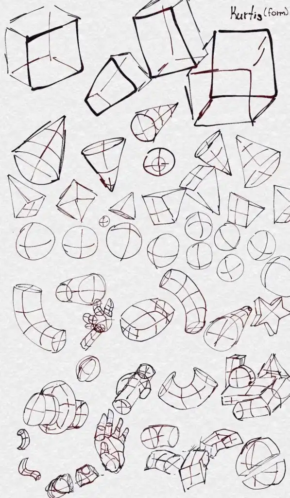 Pencil sketches of 3D geometric shapes, like cubes, cones, and spheres, illustrating form and perspective on a textured background.