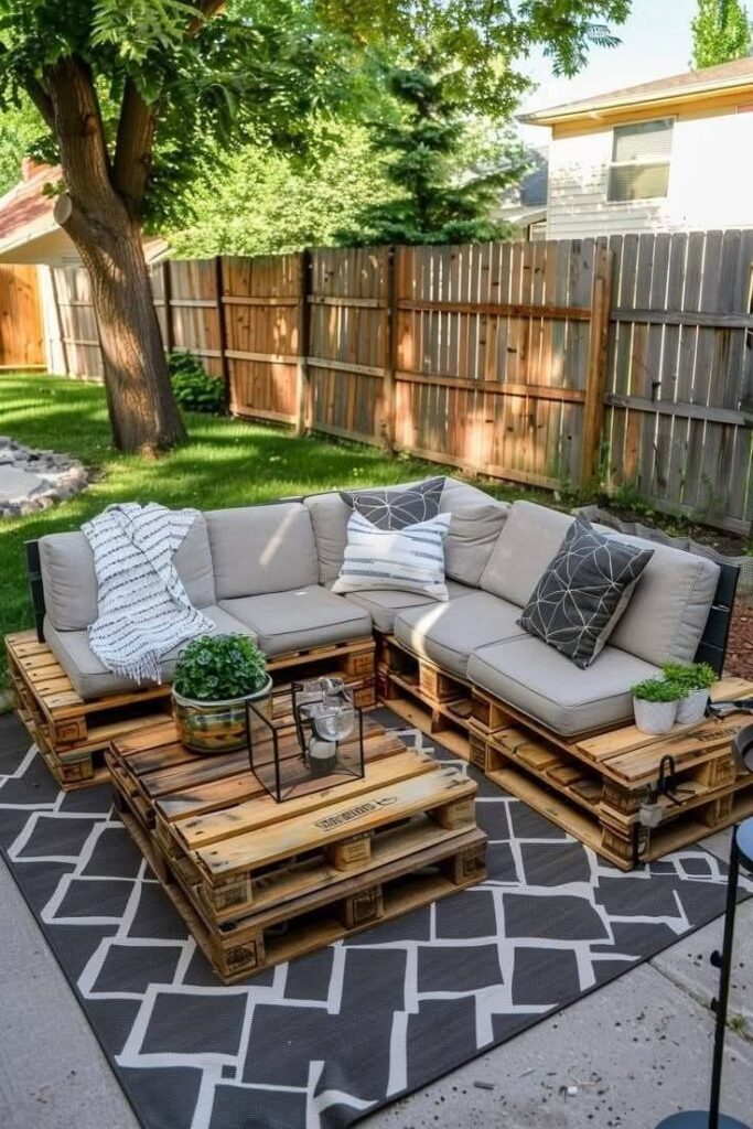 f696456dc85b9c8c5415e9bcbf8b236f 1 Outdoor patio with pallet furniture and cozy cushions, set on a patterned rug under trees, perfect for relaxing in the garden. | Sky Rye Design Outdoor patio with pallet furniture and cozy cushions, set on a patterned rug under trees, perfect for relaxing in the garden.