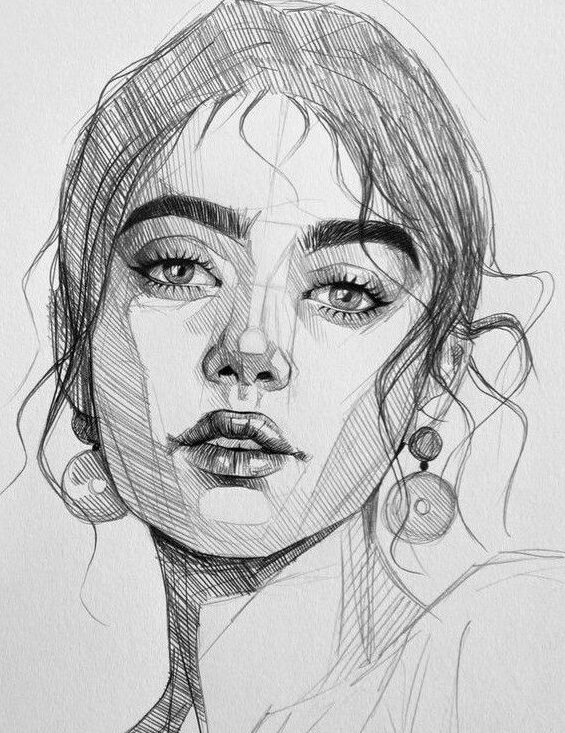 f79f8c50-961d-402a-a792-e12983660ae4 Sketch of a woman's face with detailed pencil shading, earrings, and expressive eyes. Realistic, artistic portrait drawing. | Sky Rye Design Sketch of a woman's face with detailed pencil shading, earrings, and expressive eyes. Realistic, artistic portrait drawing.
