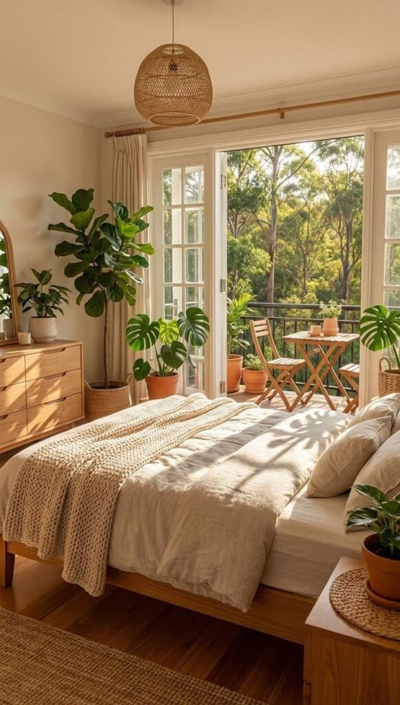 f8a3e5ff-71ec-4600-88bc-c5d110ae6728 Cozy bedroom with lush plants and natural light, featuring a wooden bed and a scenic balcony with outdoor seating. Ideal for nature lovers. | Sky Rye Design Cozy bedroom with lush plants and natural light, featuring a wooden bed and a scenic balcony with outdoor seating. Ideal for nature lovers.