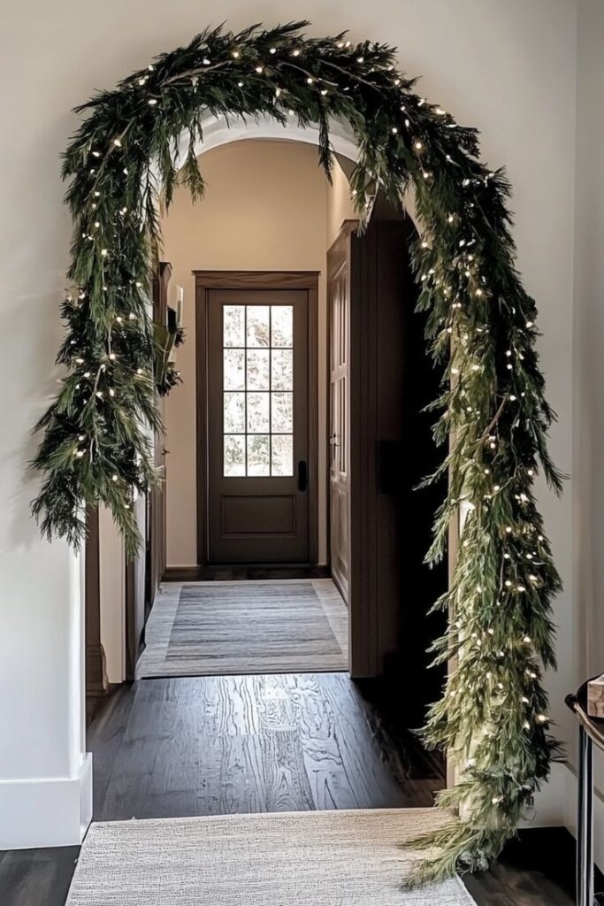 fa6f5684442f2851d9b30d1446a52061 Festive doorway decor with lush greenery and twinkling lights, creating a warm and inviting holiday entrance in a cozy home hallway. | Sky Rye Design Festive doorway decor with lush greenery and twinkling lights, creating a warm and inviting holiday entrance in a cozy home hallway.