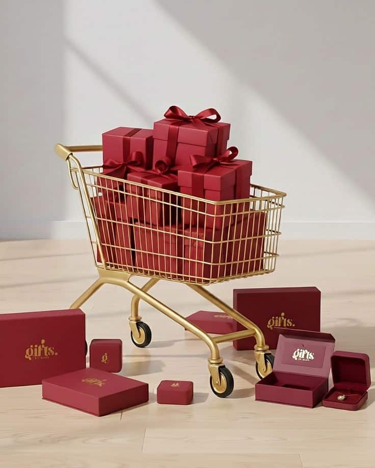 fabf70364d35900d7b36d2c196fdd7ec Shopping cart filled with red gift boxes, wrapped with ribbons, on a wooden floor, perfect for holiday or special occasion themes. | Sky Rye Design Shopping cart filled with red gift boxes, wrapped with ribbons, on a wooden floor, perfect for holiday or special occasion themes.