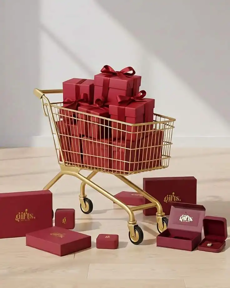Shopping cart filled with red gift boxes, wrapped with ribbons, on a wooden floor, perfect for holiday or special occasion themes.