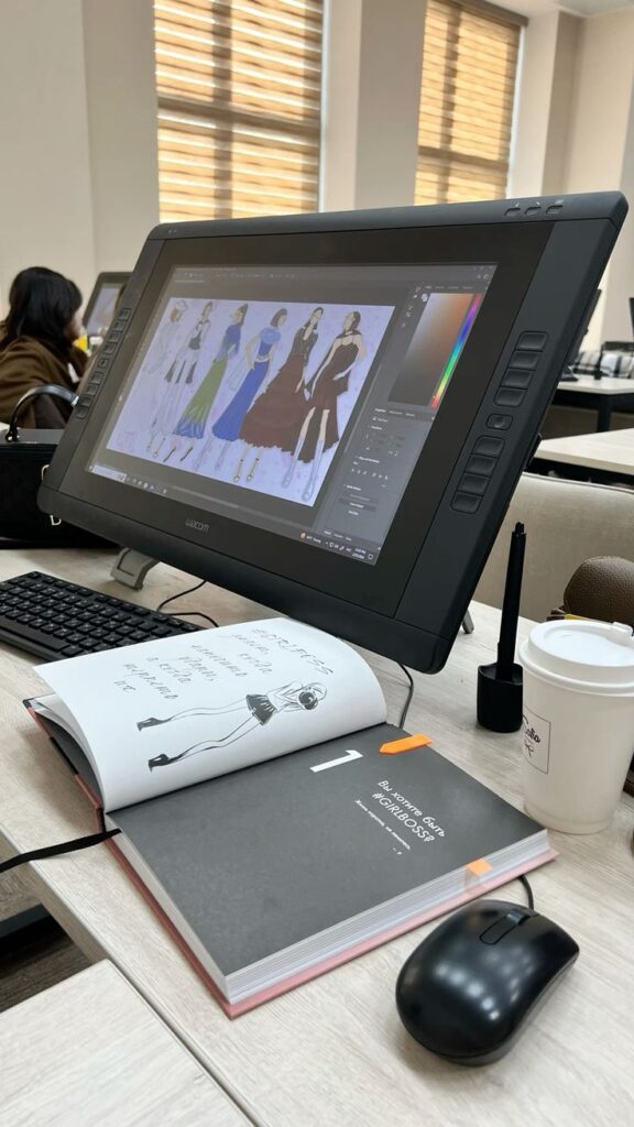 fashion classes Digital fashion illustration on a graphic tablet in a creative workspace, with design books and a coffee cup nearby. | Sky Rye Design Digital fashion illustration on a graphic tablet in a creative workspace, with design books and a coffee cup nearby.