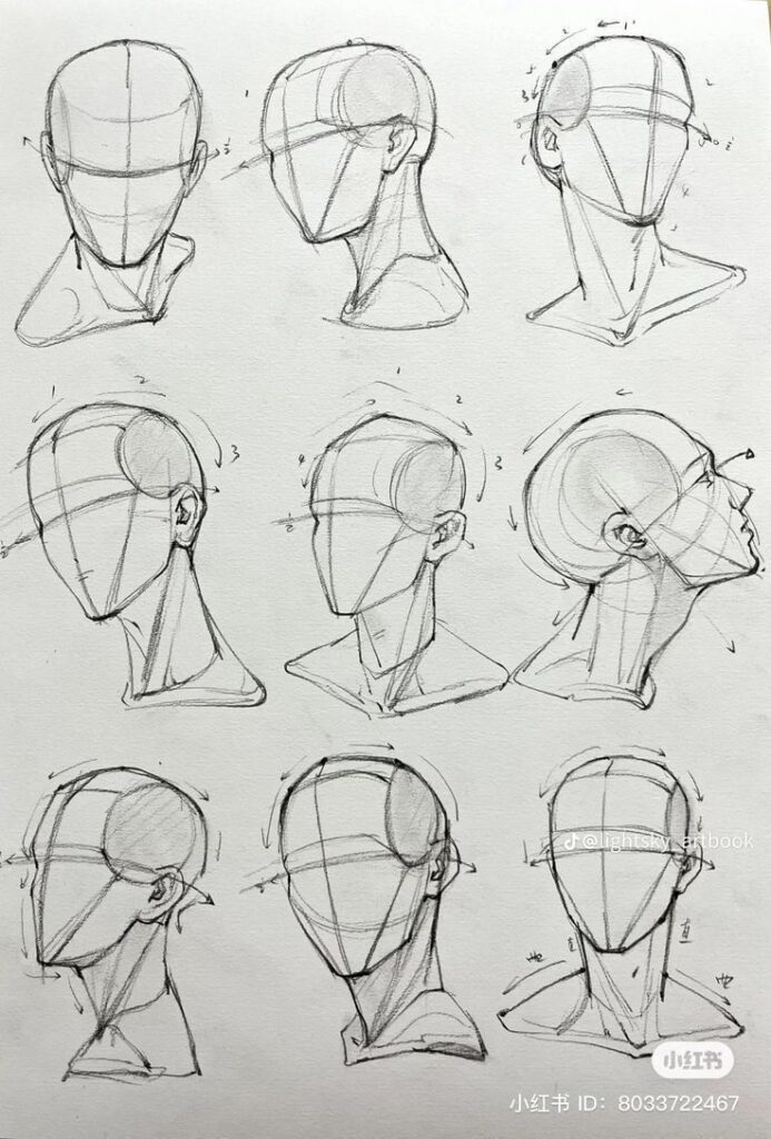 fb8e8f62-c8d7-49c8-aa2e-aa396b11aa7c Sketchbook page showing nine pencil sketches of human head outlines at various angles, highlighting proportions and basic shapes. | Sky Rye Design Sketchbook page showing nine pencil sketches of human head outlines at various angles, highlighting proportions and basic shapes.