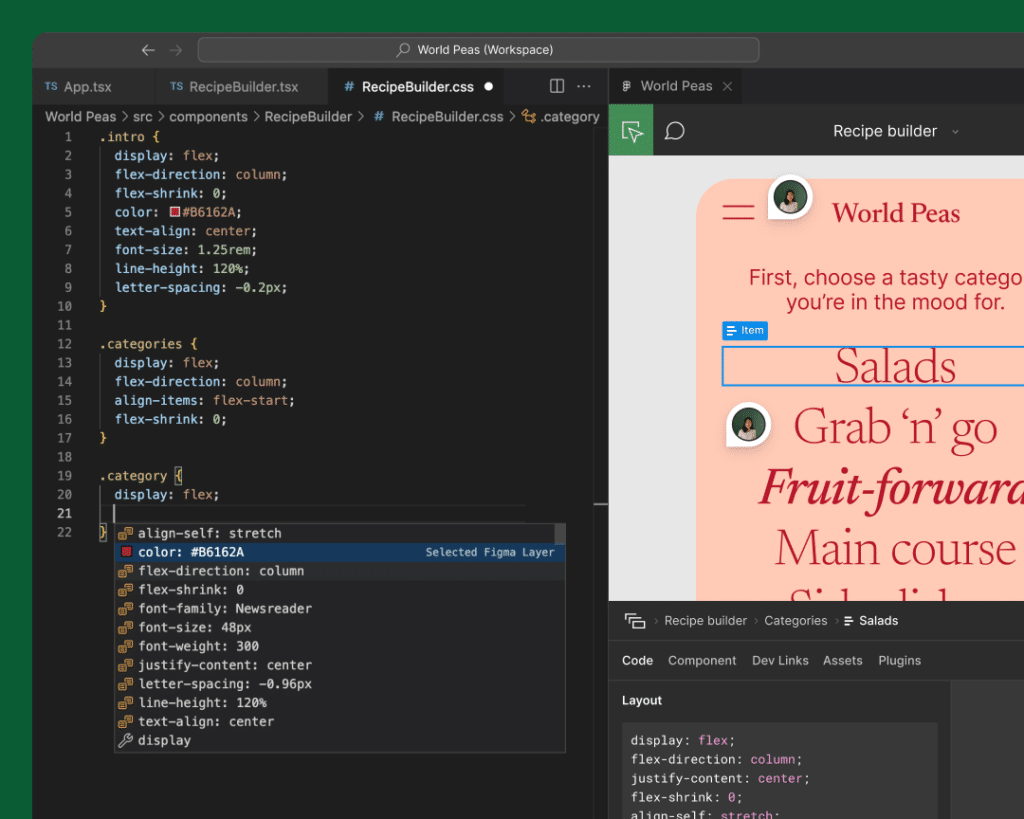 Code editor and recipe app interface showing CSS styles and category selection for a cooking app.