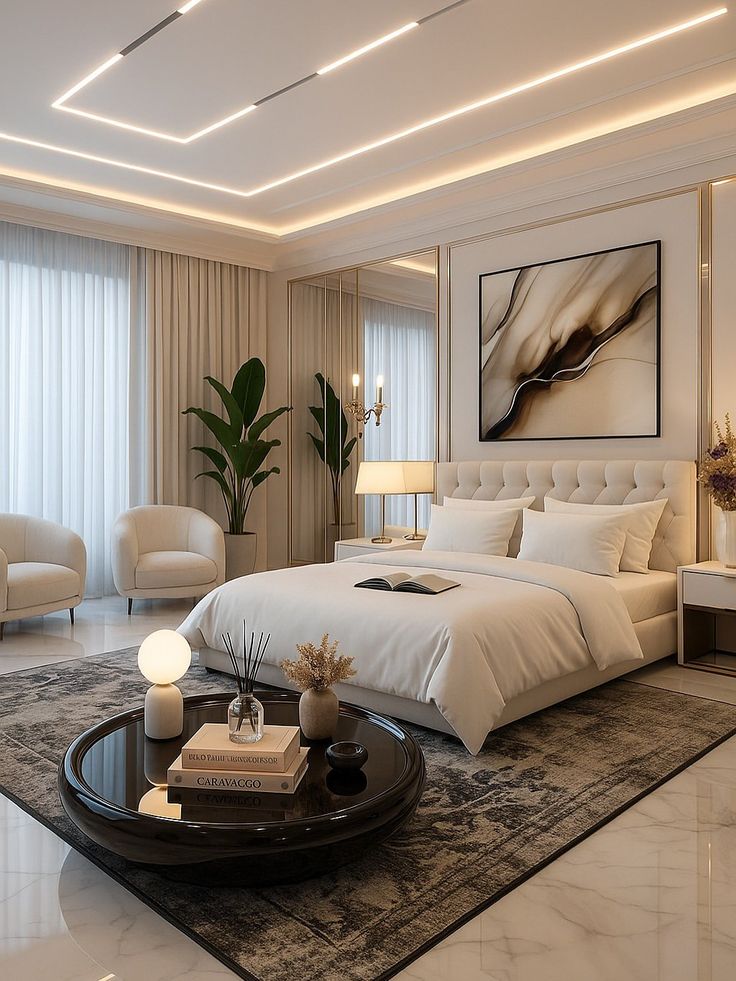 fefc8838-66c5-4ec5-80b8-44a769994210 Modern bedroom with elegant decor, featuring a plush bed, abstract art, cozy seating, and ambient lighting for a luxurious feel. | Sky Rye Design Modern bedroom with elegant decor, featuring a plush bed, abstract art, cozy seating, and ambient lighting for a luxurious feel.