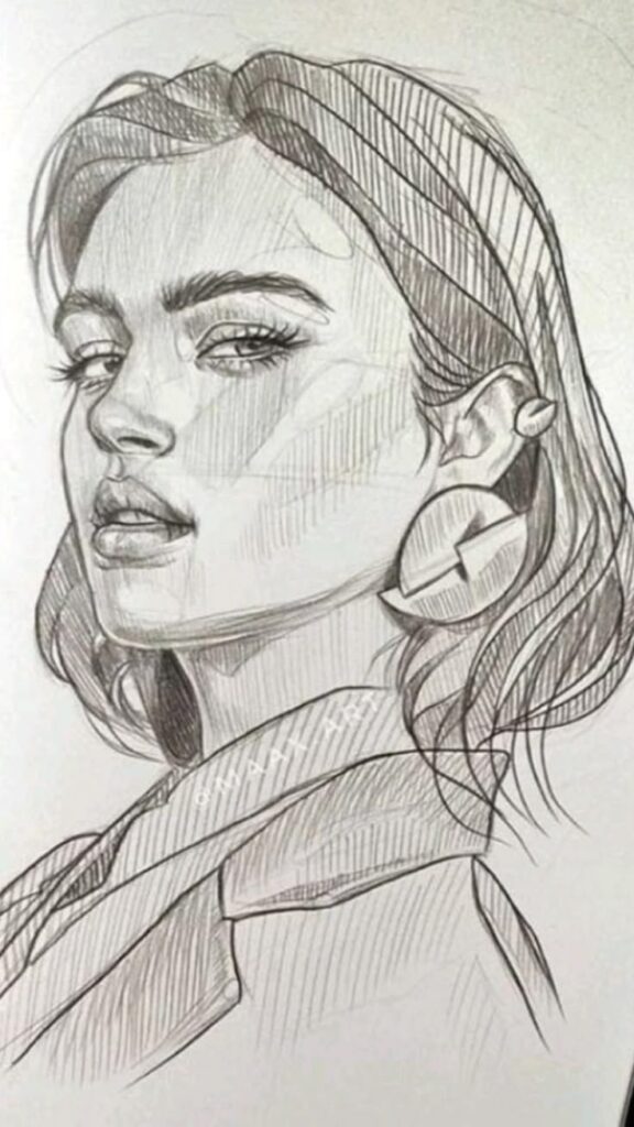 female face potrait_sketch Pencil sketch of a confident woman with striking eyes, stylish earrings, and detailed shading, showcasing artistic talent in portrait drawing. | Sky Rye Design Pencil sketch of a confident woman with striking eyes, stylish earrings, and detailed shading, showcasing artistic talent in portrait drawing.