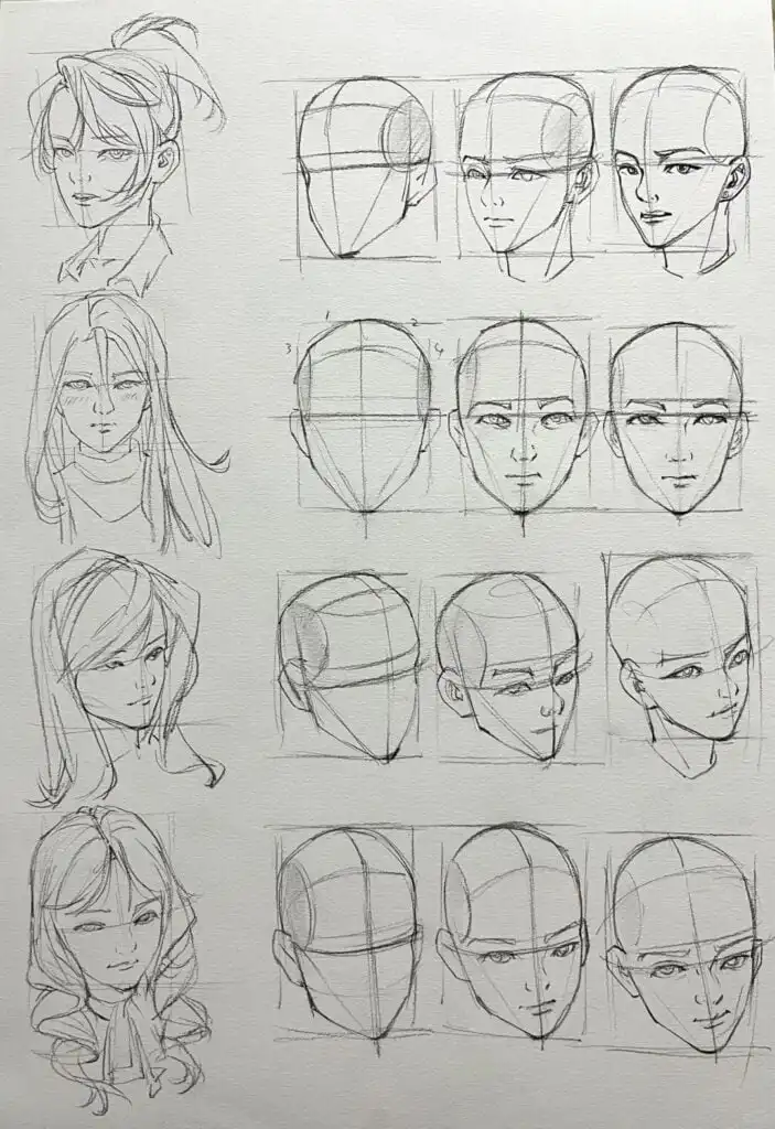 Anime character sketch guide with step-by-step penciled head and face drawings, illustrating various angles and hairstyles.